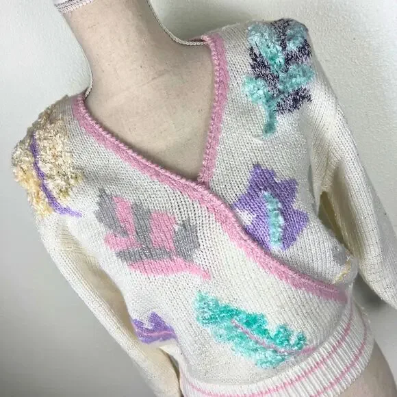 Vintage 80s Pastel Knit Sweater M – Whimsigoth Coquette Cottagecore Halloween - Picture 2 of 8